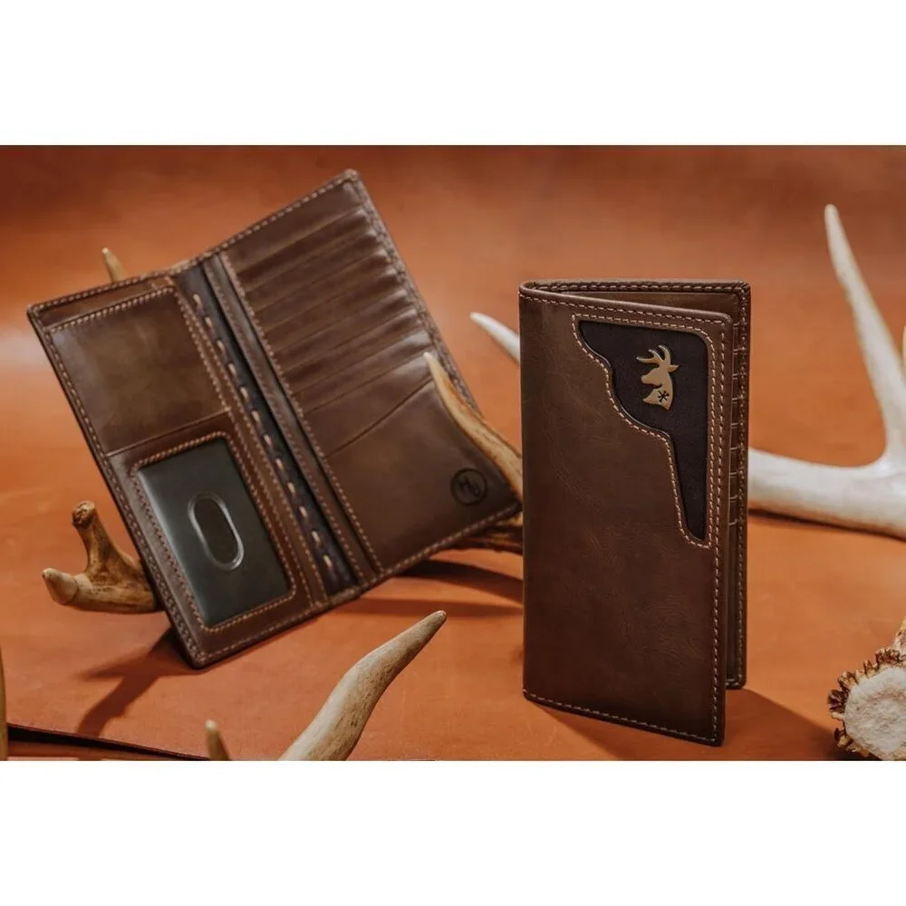 🆕Men Brown Co Deer Ornament Long Bifold Wallet Grain Leather Hunter Long Wallet